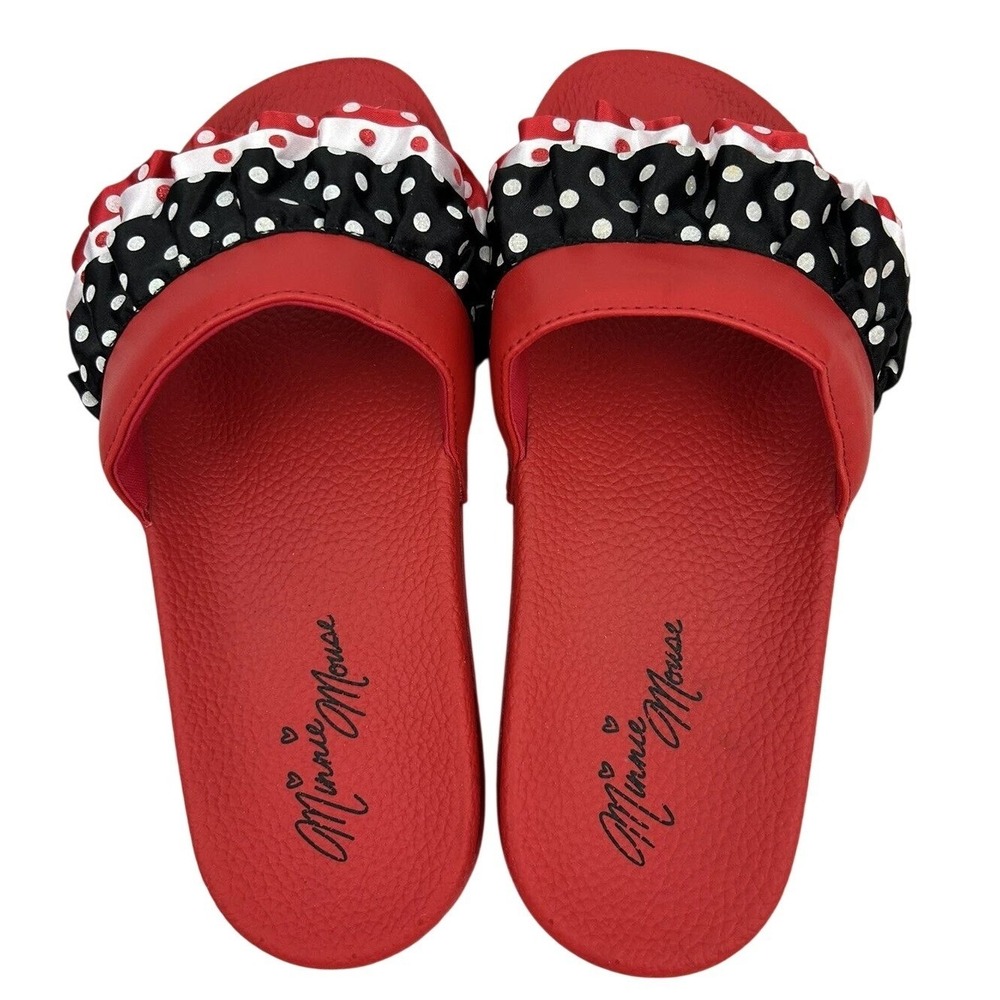 Disney Parks Minnie Mouse‎ Slide Sandals Women 8-9 Red Polka Dot Ruffle